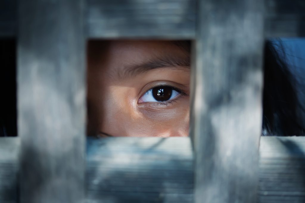 A child's eye looking through gaps in a wooden fence